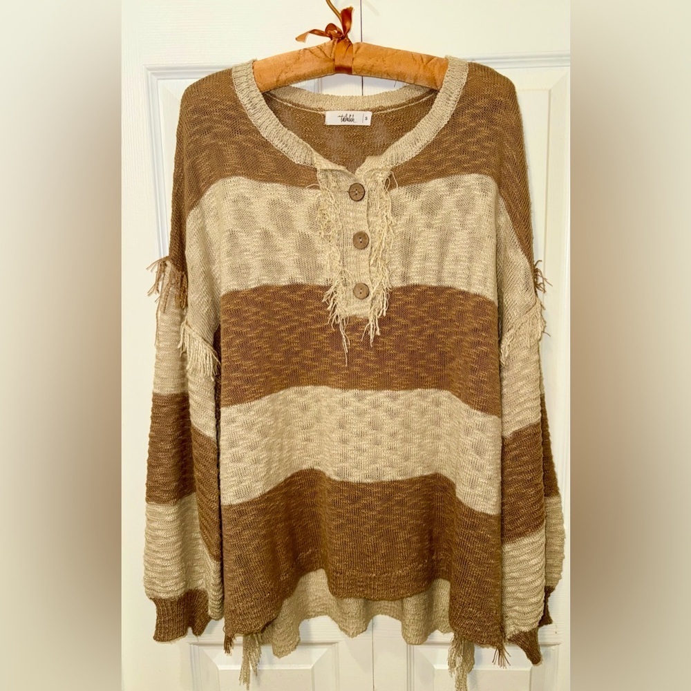 Talulah Boho Striped Fringe Lightweight Sweater Oversized Small